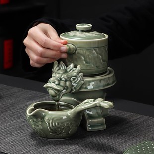 家用懒人泡茶器办公室会客小套功夫茶杯 青瓷十二生肖自动茶具套装