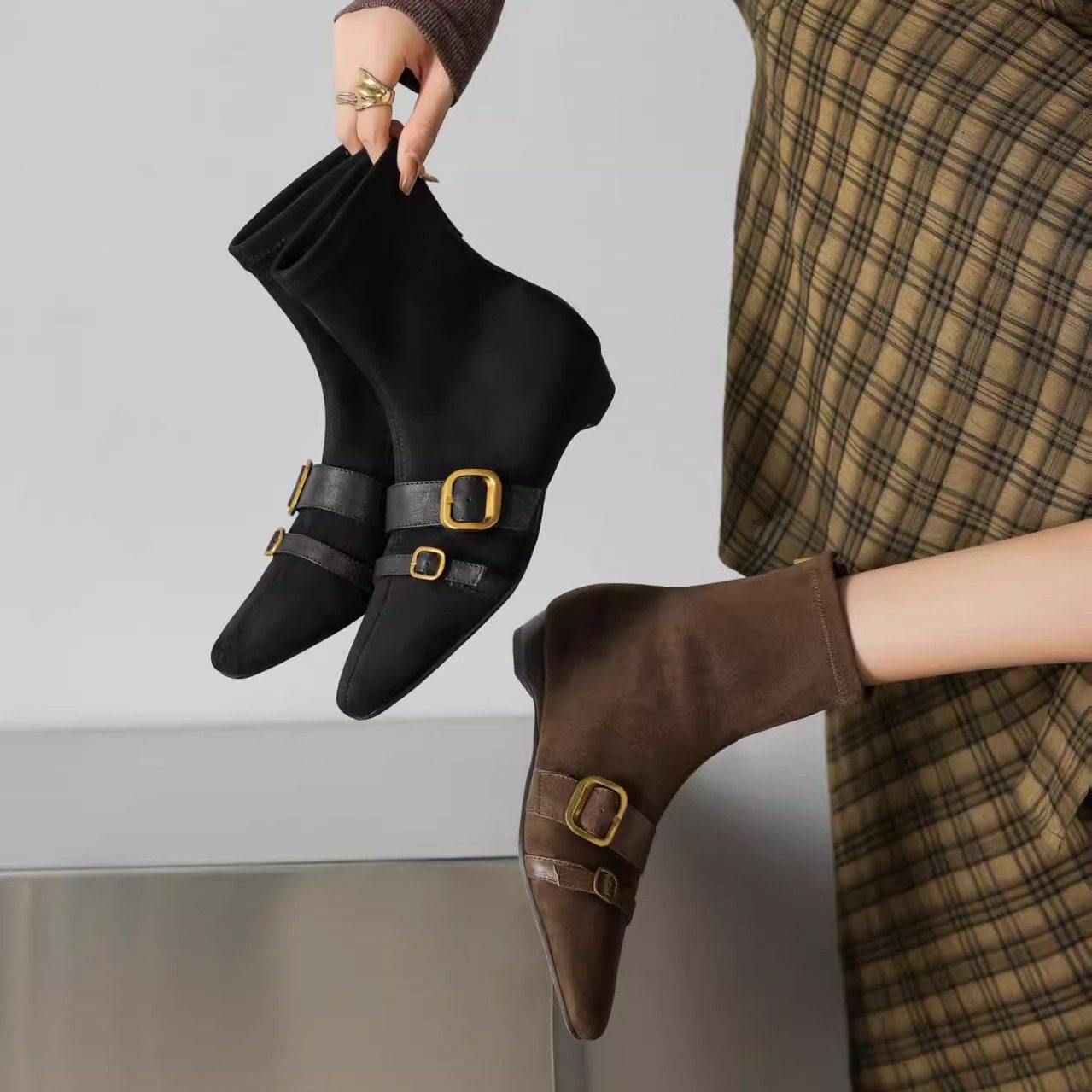 森屿女鞋小方头皮带扣后拉链短靴女秋冬新款时尚小坡跟百搭瘦瘦靴