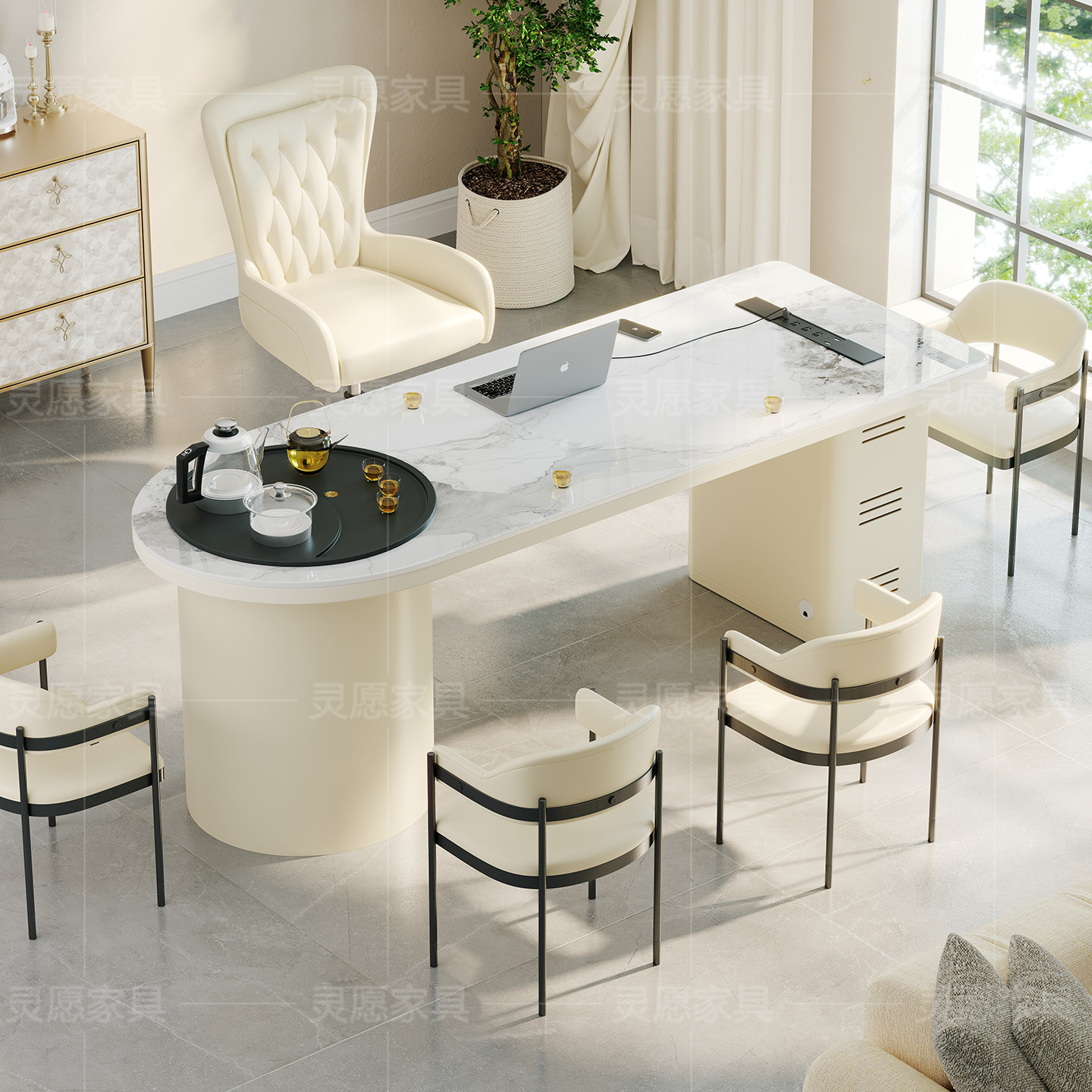 奶油风岩板茶桌椅组合轻奢现代高端茶台办公一体洽谈接待泡茶桌,住宅家具,家用茶台/茶桌,淘宝优惠券,粉丝福利购,淘宝优惠卷