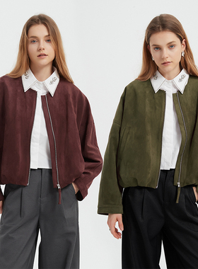 Petit Bari廓形翻毛圆领短外套女 复古刺绣夹克显瘦百搭气质上衣