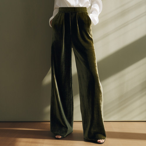 垂感丝绒阔腿长裤松紧腰头