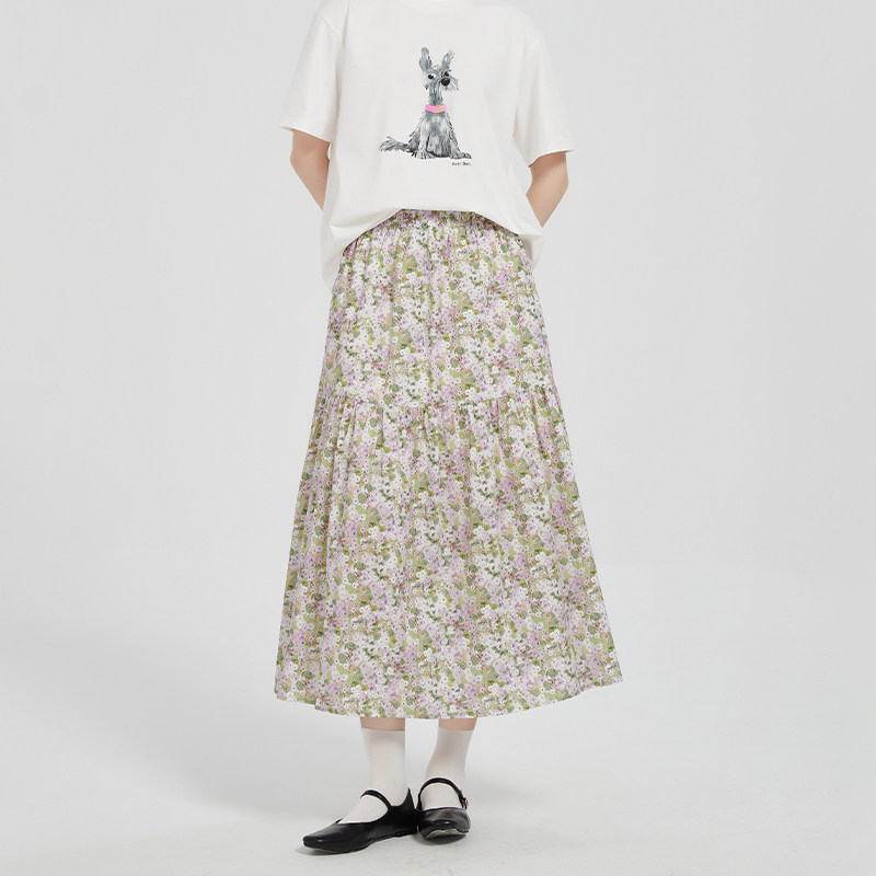 Petit Bari艺术印花碎褶拼接半身裙女 纯棉松紧腰A字中长