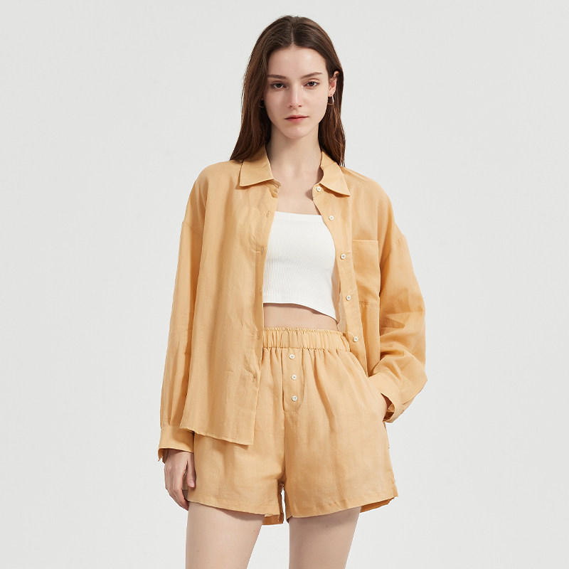 Petit Bari女士百搭苎麻套装 浅橘色衬衫短裤 夏季舒适女士两件套,女装/女士精品,休闲运动套装,淘宝优惠券,粉丝福利购,淘宝优惠卷