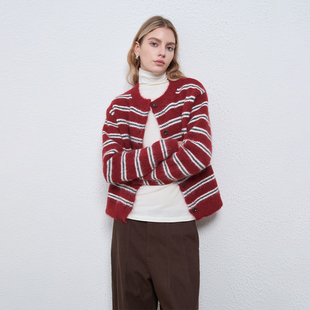 秋冬外穿毛衣外套 女 Petit Bari复古学院风撞色条纹圆领毛衣开衫