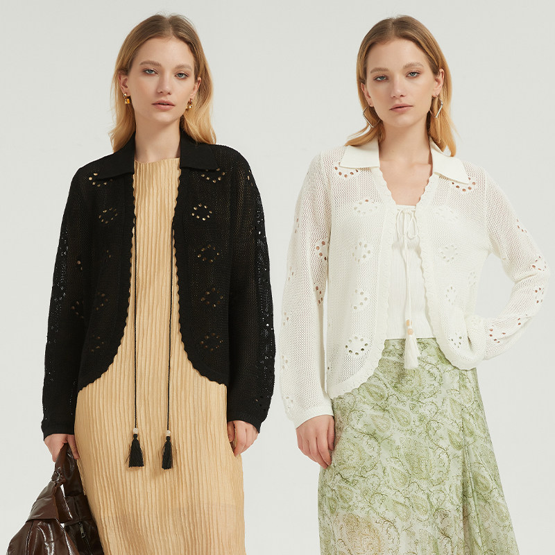 Petit Bari女士系带镂空钩花针织开衫外套 防晒外套