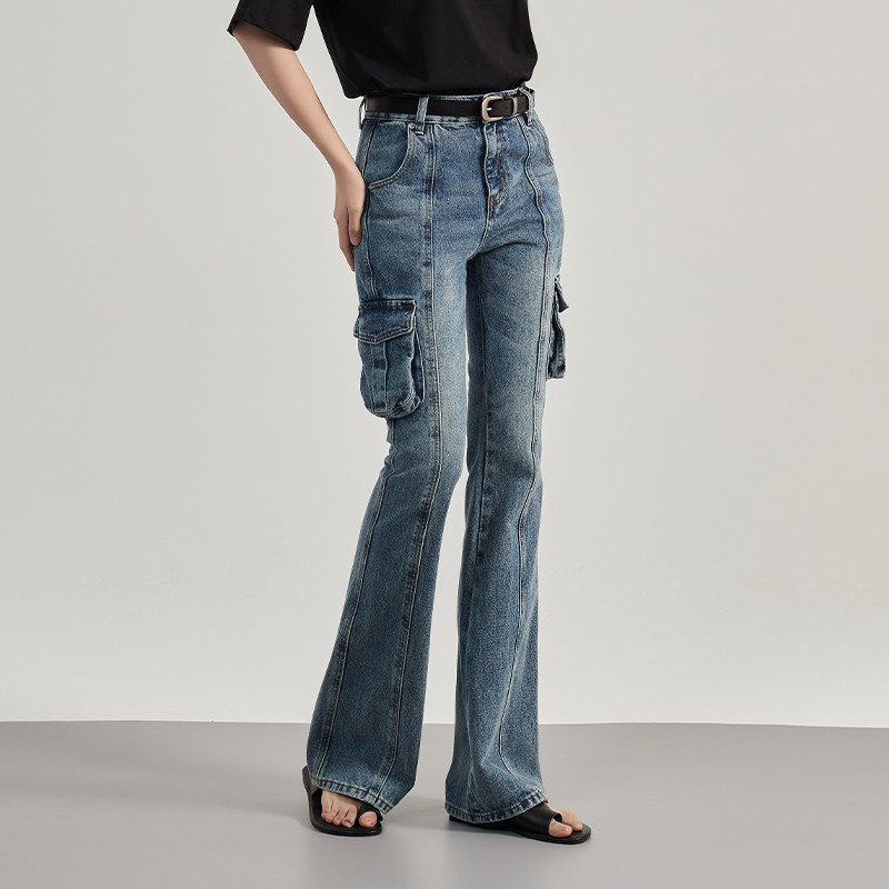 Petit Bari春夏工装风口袋微喇牛仔裤女中腰修身显瘦弹力全棉长裤