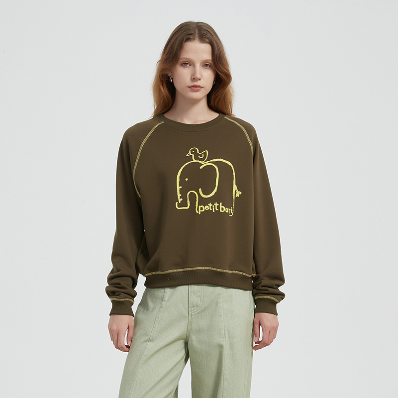 撞色明线手绘大象印花圆领卫衣