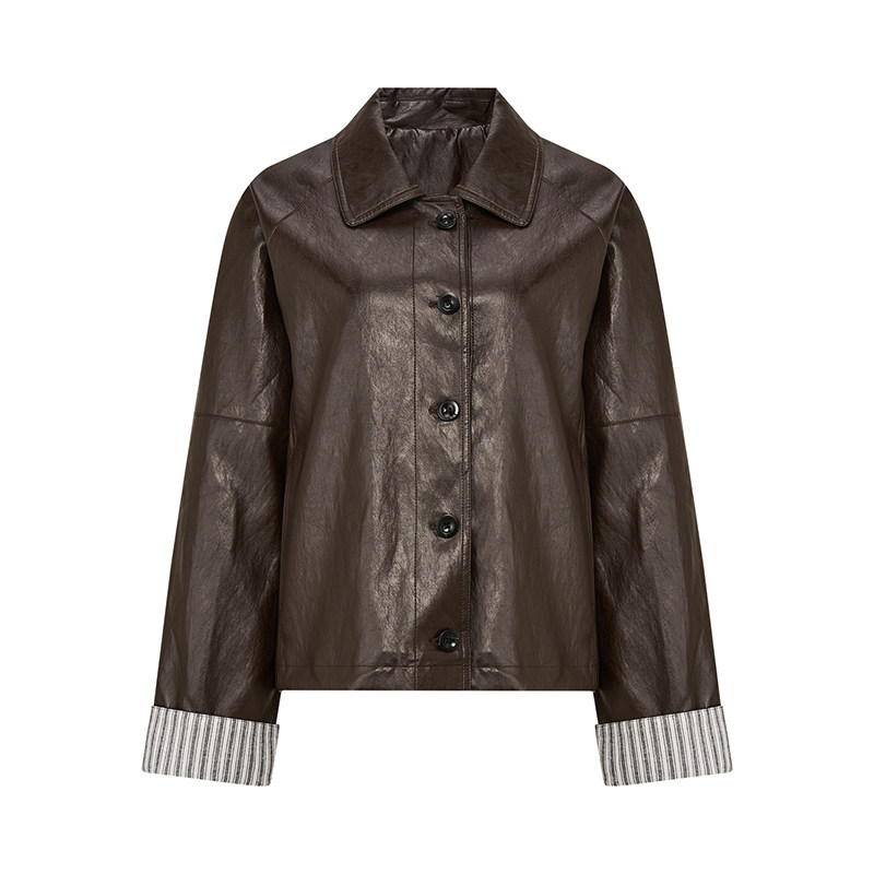 Petit Bari时髦油蜡肌理翻领皮衣夹克女 皮衣外套 经典简