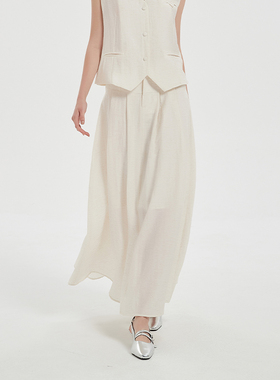 Petit Bari轻薄腔调亚麻混纺半身裙女 高腰A字显瘦气质百搭中长裙