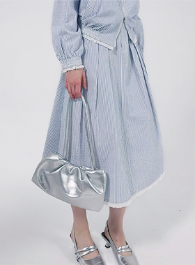 Petit Bari肌理感条纹刺绣百褶半裙 蓝白条纹半身裙女 清新文艺