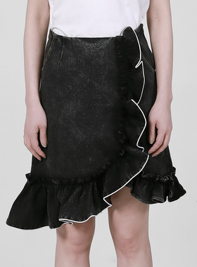 Petit Bari设计师款牛仔半身裙女A字不对称荷叶边显瘦辣妹半裙