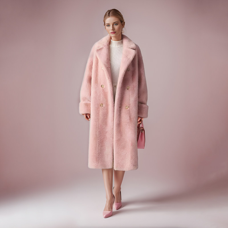 Petit Bari环保皮草翻领长款外套大衣女 廓形环保毛复合麂皮 粉色,女装/女士精品,毛呢外套,淘宝优惠券,粉丝福利购,淘宝优惠卷