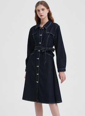 Petit Bari女士复古长袖收腰牛仔连衣裙 下摆A字型中长款牛仔裙
