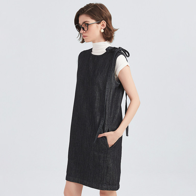 Petit Bari纯棉牛仔背心连衣裙女法式系带挺括有型无袖显瘦