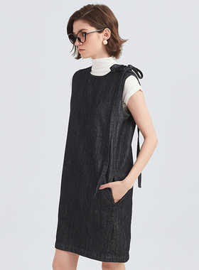 Petit Bari纯棉牛仔背心连衣裙女法式系带挺括有型无袖显瘦长款裙