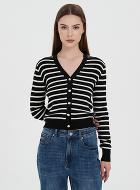 Petit Bari 条纹V领羊毛针织开衫