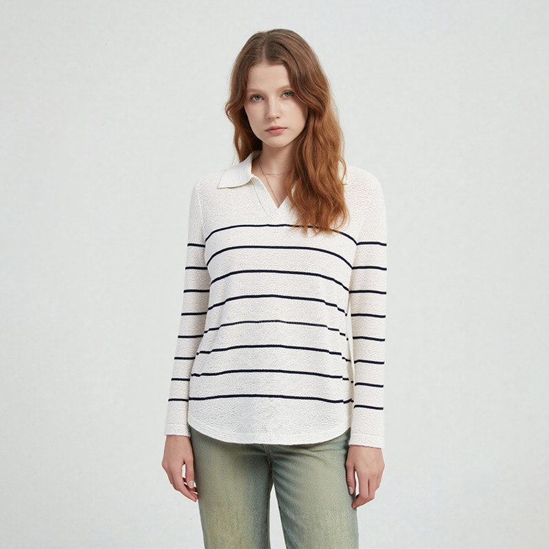 Petit Bari经典时尚翻领V领条纹针织衫上衣女 秋冬慵懒风