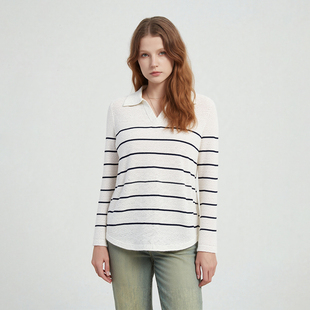 上衣女 Petit 翻领V领条纹针织衫 时尚 秋冬慵懒风毛衣 Bari经典