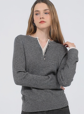 Petit Bari亨利领假两件修身针织衫女 纽扣点缀气质款上衣 可机洗