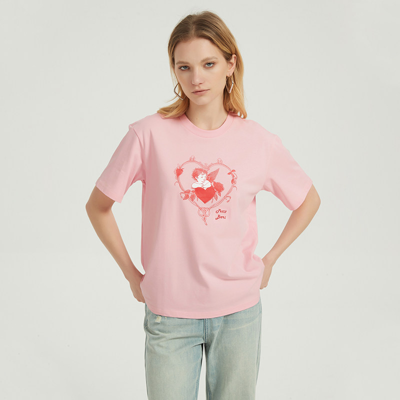 Petit Bari复古天使印花短袖T恤 纯棉面料 浅粉白色夏季