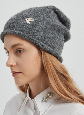 Petit Bari松弛感蓬松针织羊毛冷帽堆堆帽 燕子刺绣针织帽女 灰色