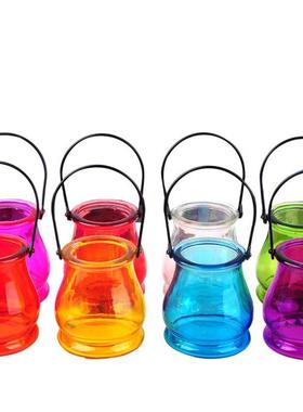 创意透明提手玻璃双耳吊瓶彩色水培插花瓶悬挂马赛克蜡烛台吊瓶