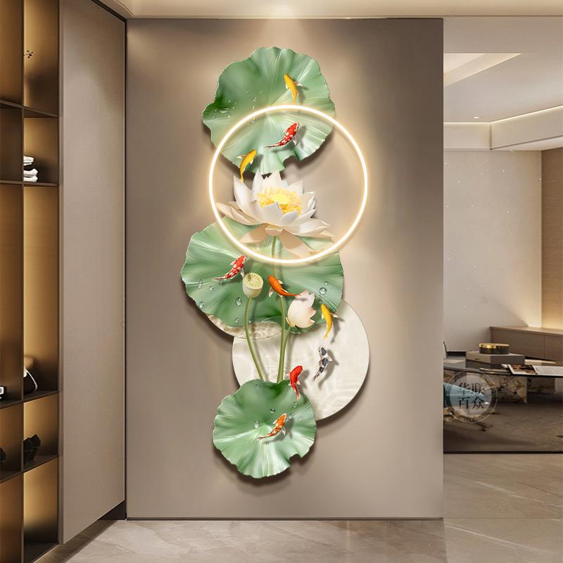 九鱼图入户玄关装饰画 画现代轻奢走廊过道挂画 画高级感立体荷花