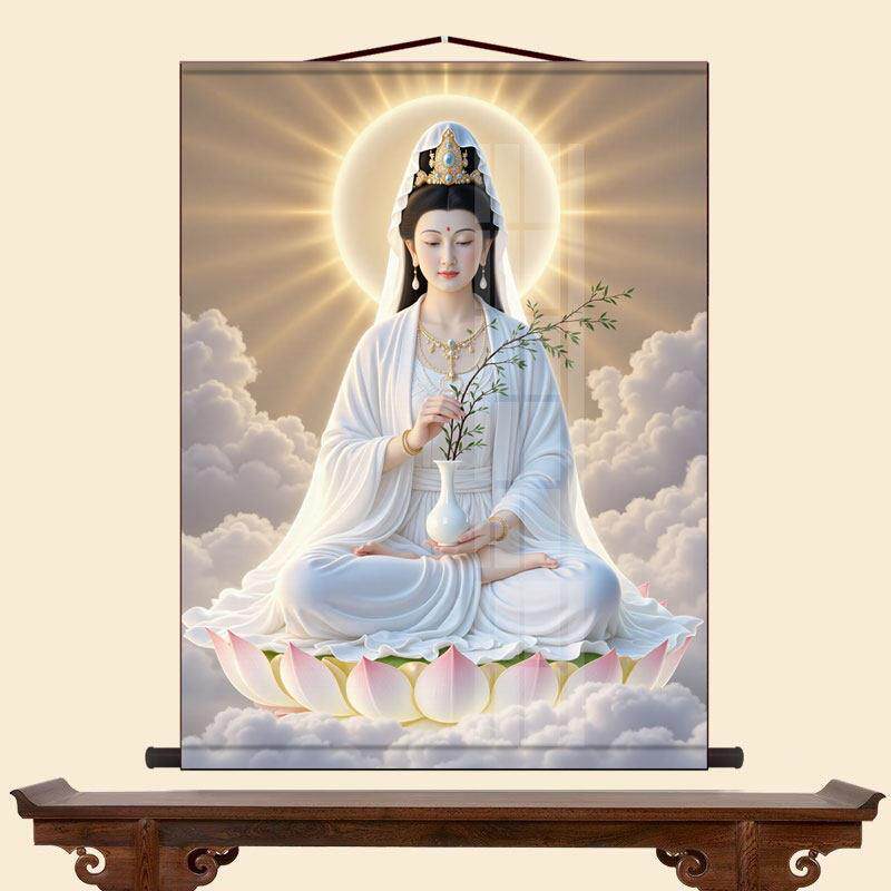 白衣观音画像保平安佛堂供奉挂画观世音菩萨佛像挂画丝绸画卷轴画
