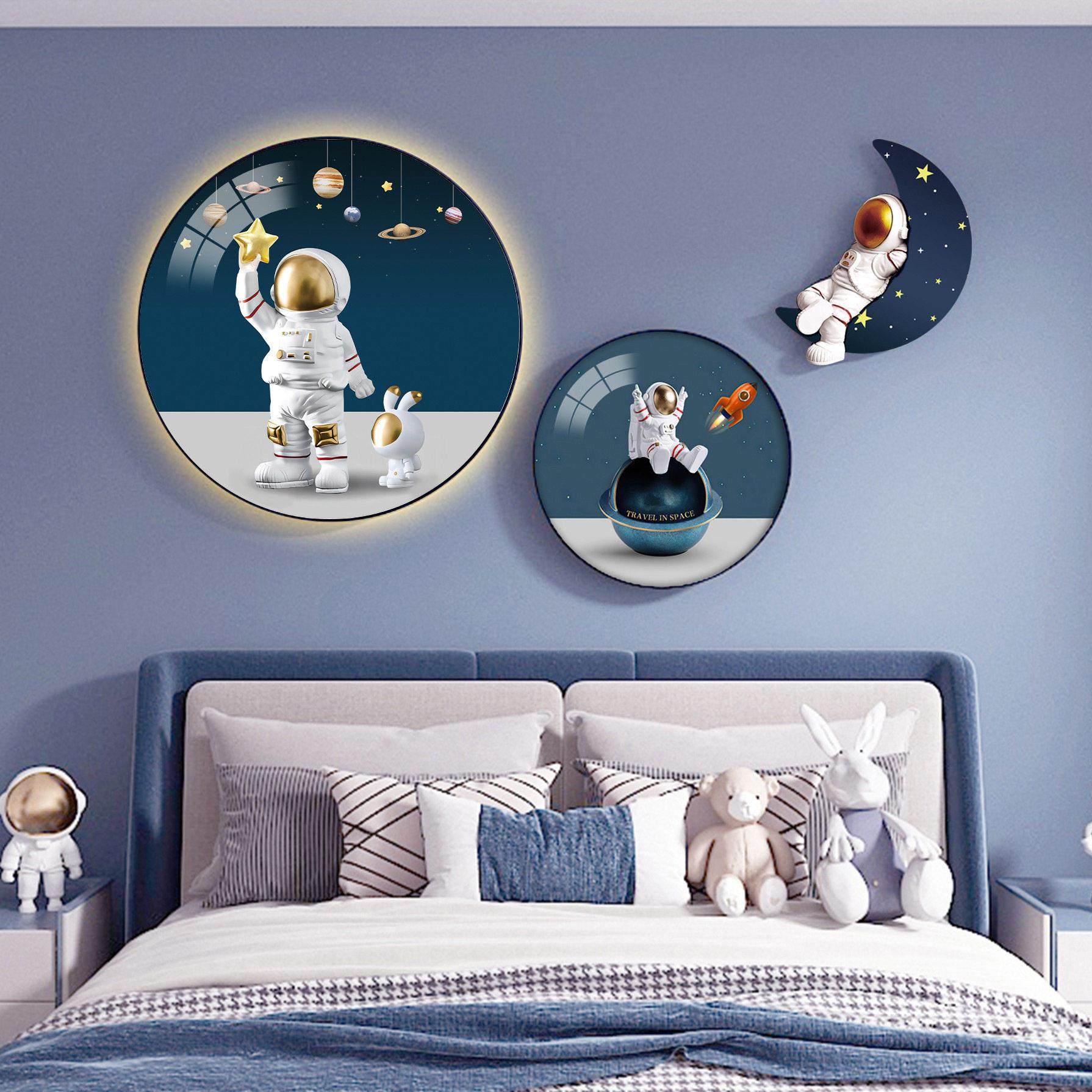 男孩房间装饰挂画太空太空人儿童房床头装饰画卧室壁画圆形墙画,家居饰品,现代装饰画,淘宝优惠券,粉丝福利购,淘宝优惠卷