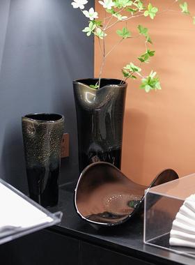 黑色玻璃花瓶果盘套装摆件意式轻奢高级黑金水培插花器样板间客厅