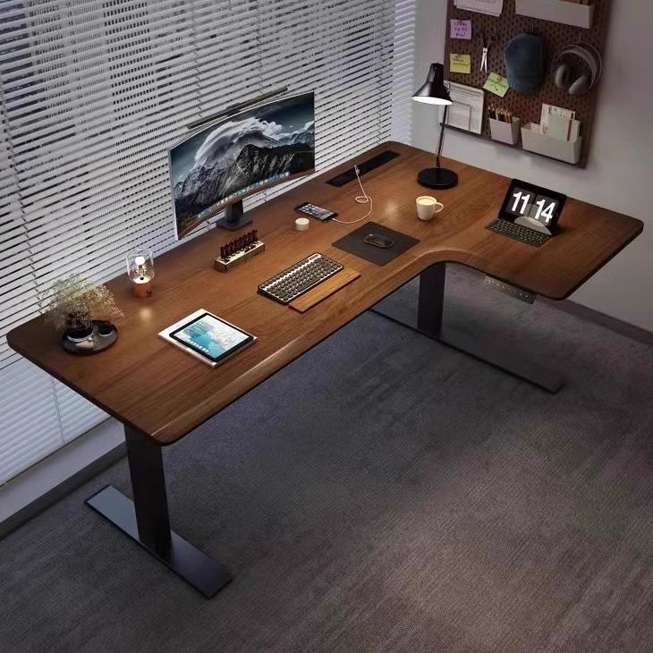 转角实木电动升降桌腿L型家用胡桃色拐角电脑桌子网红书桌办公桌