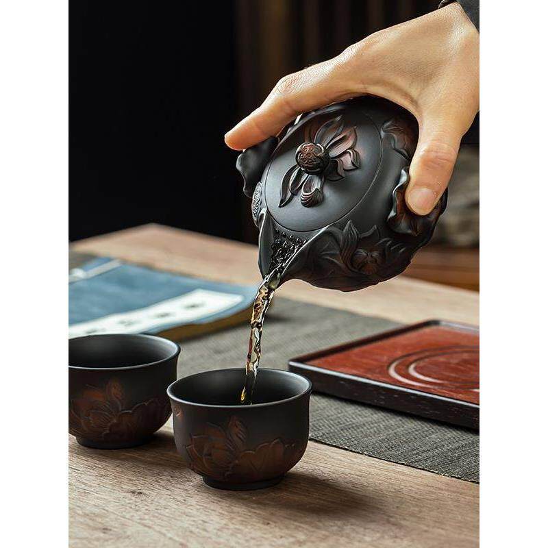 紫陶茶壶单个家用手抓壶泡茶专用手工浮雕建水紫砂壶功夫茶具套装