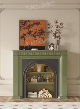 法式覆古黑色绿色壁炉柜客厅背景墙装饰柜入户玄关柜电子彷真火
