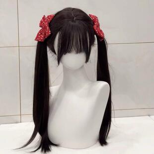萝喵假发女长发Lolita黑色自然齐刘海双马尾黑长直假发jk全头套式