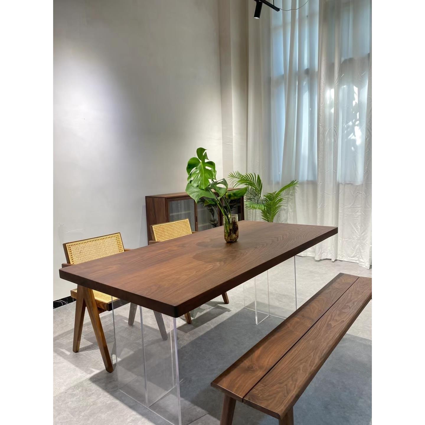 黑胡桃木实木餐桌椅亚克力悬浮书桌家用小户型极简现代办公桌茶桌