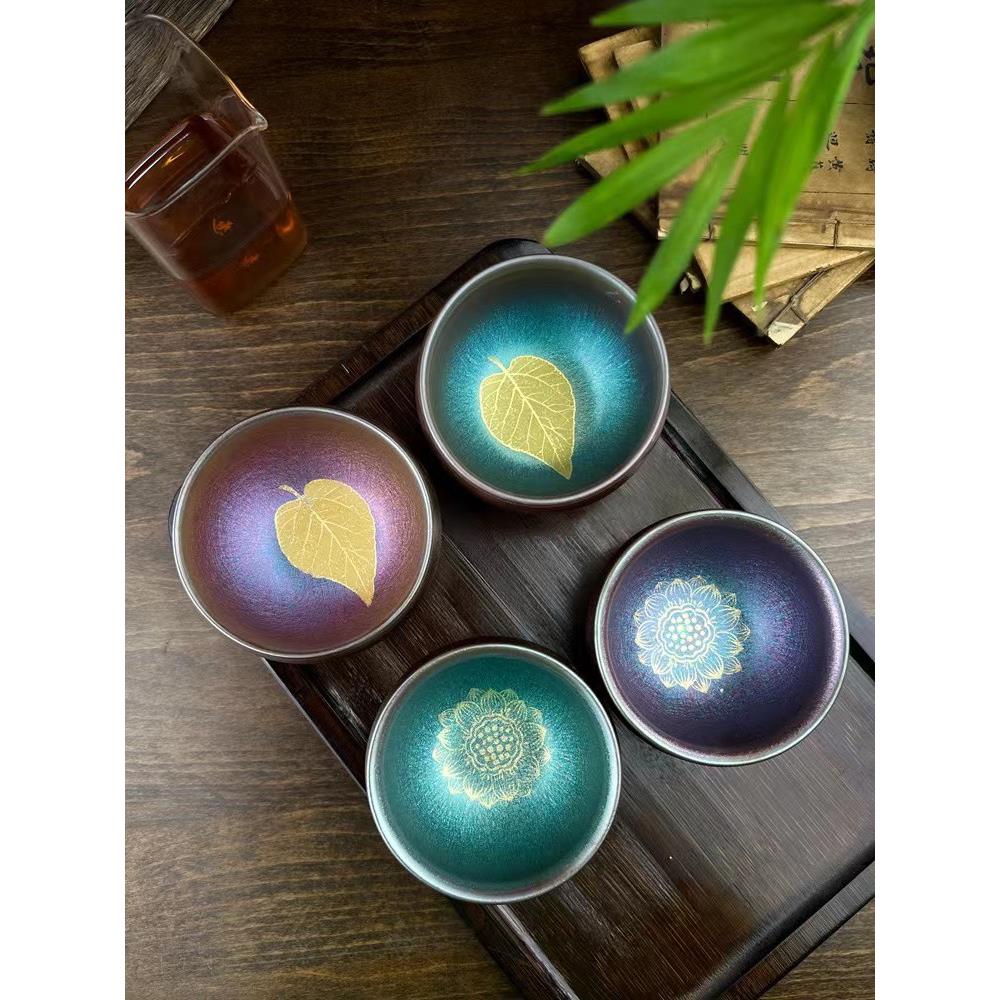 茶杯主人杯陶瓷家用茶具窑变金色木叶盏金莲花原矿釉建盏