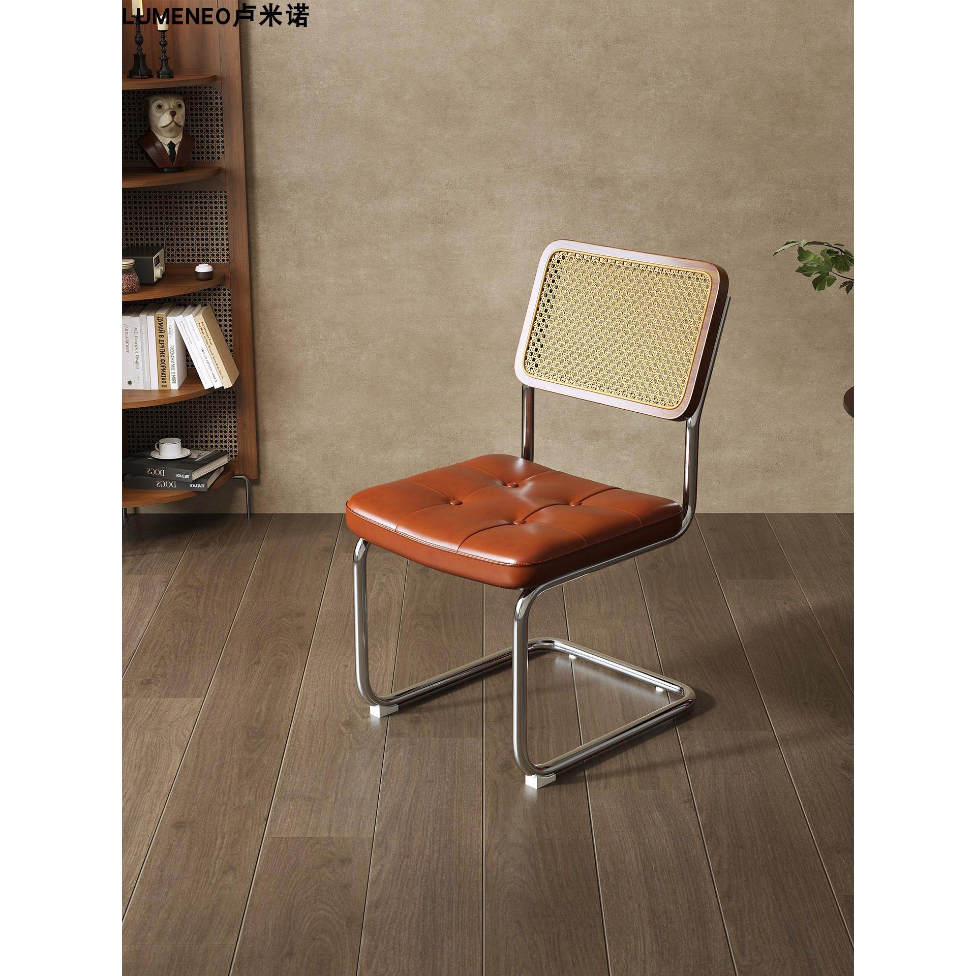 法式中古藤编餐椅家用意式餐桌实木椅子复古瓦西里不锈钢皮凳编织