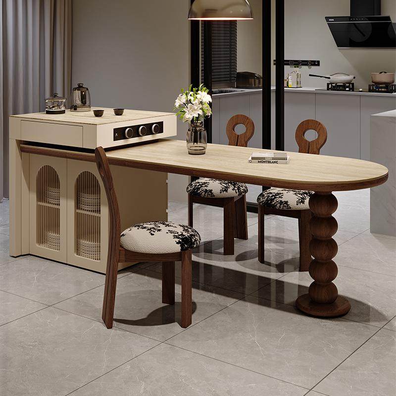 法式复古风罗马洞石岩板可伸缩岛台餐桌一体家用客餐厅多功能餐岛