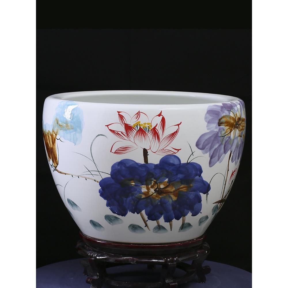 景德镇陶瓷莲花睡莲碗莲花缸鱼缸盆阳台客厅风水缸金鱼龟盆手绘