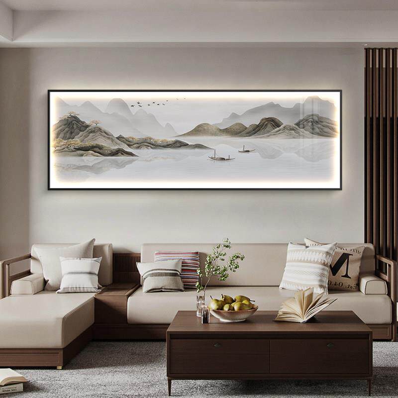 新中式国画客厅装饰画横幅水墨山水画沙发背景墙挂画大气靠山壁画