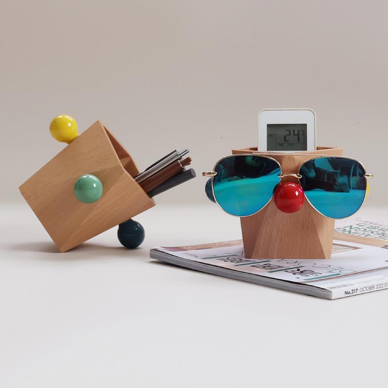 创意胡桃木笔筒眼镜收纳层架床头 实木客厅电视遥控器收纳盒多巴