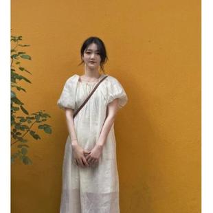 連衣裙子夏季 可鹽可甜茶歇氣質溫柔風冷淡風高級感白色泡泡袖 韓版