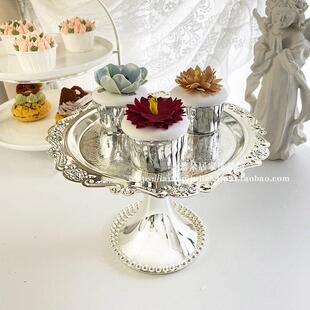欧式宫廷风铁艺银色高脚托 托盘甜品桌布置蛋糕架展示架婚庆装饰