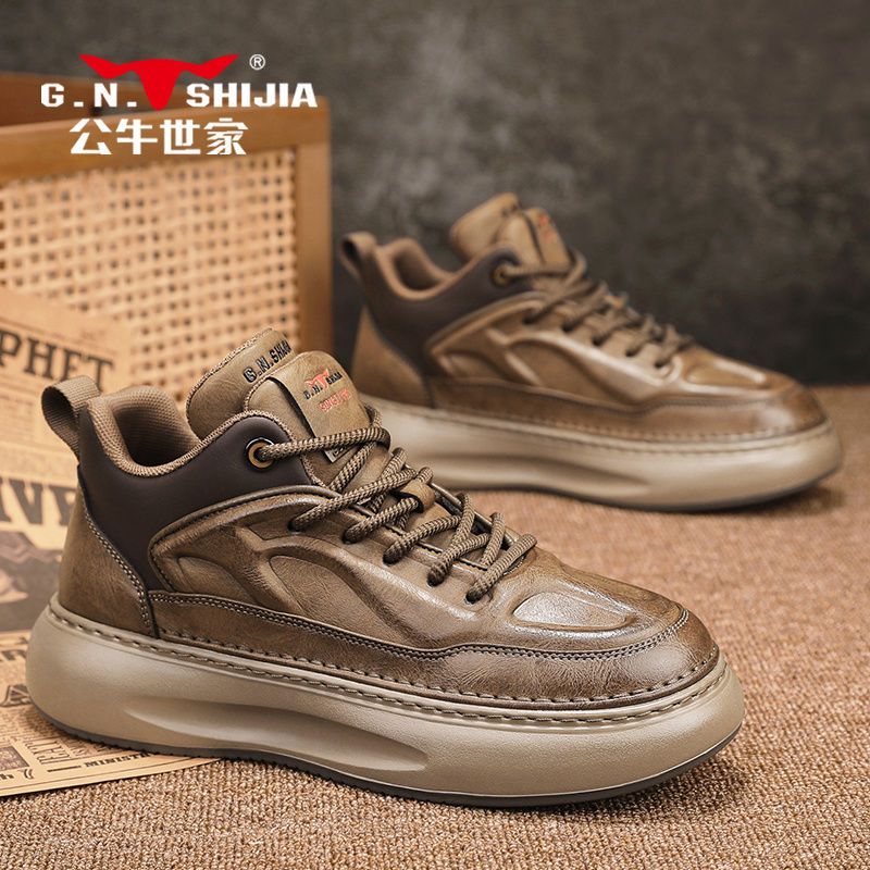 公牛世家高帮男鞋秋季防滑高端休闲皮鞋男秋冬款运动厚底老爹板鞋