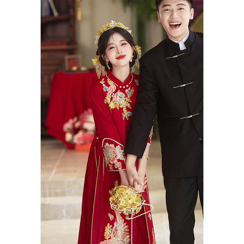 速发中式结秀敬酒服新娘刺婚嫁衣简约绣禾服红色国风套装婚服订婚