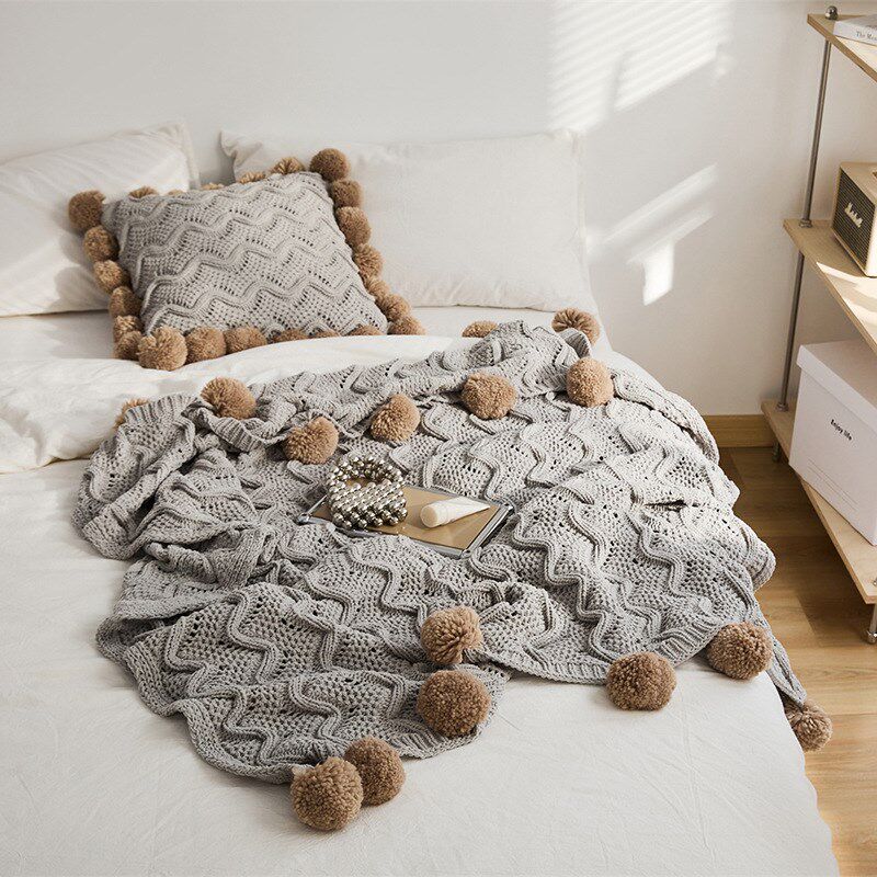 速发针织盖毯毛球床尾巾调织镂空空针毯民宿沙毯发休闲办公室新品