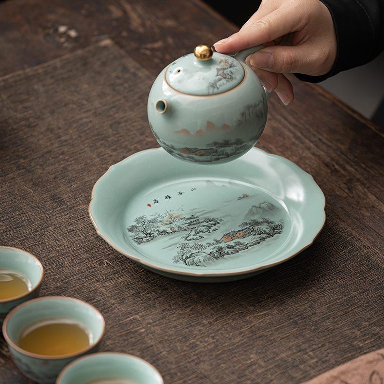 汝窑冰裂功夫茶具套装陶瓷整套可养可开片泡茶壶盖碗家用办公送礼