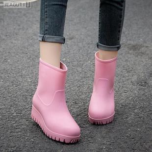 舒适防水防滑 雨鞋 女款 时尚 外穿中筒加厚底水靴女士雨靴加绒工作鞋