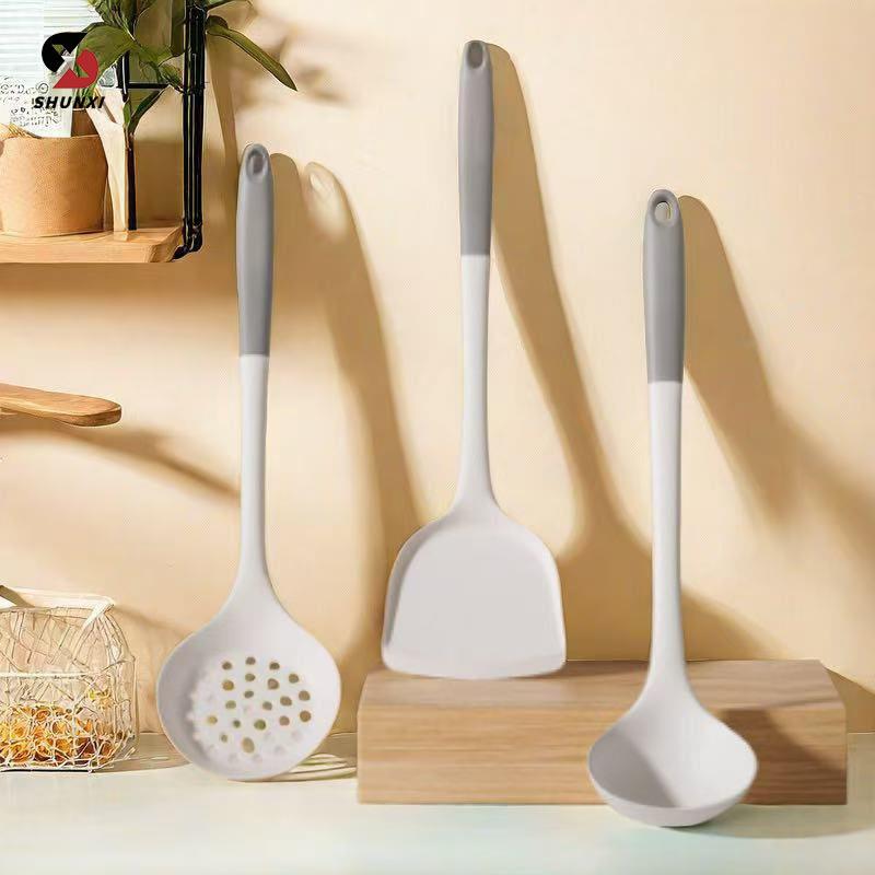 拼色灰白硅胶锅铲家用耐高温不粘锅烹饪工具捞篱锅铲汤勺厨具套装