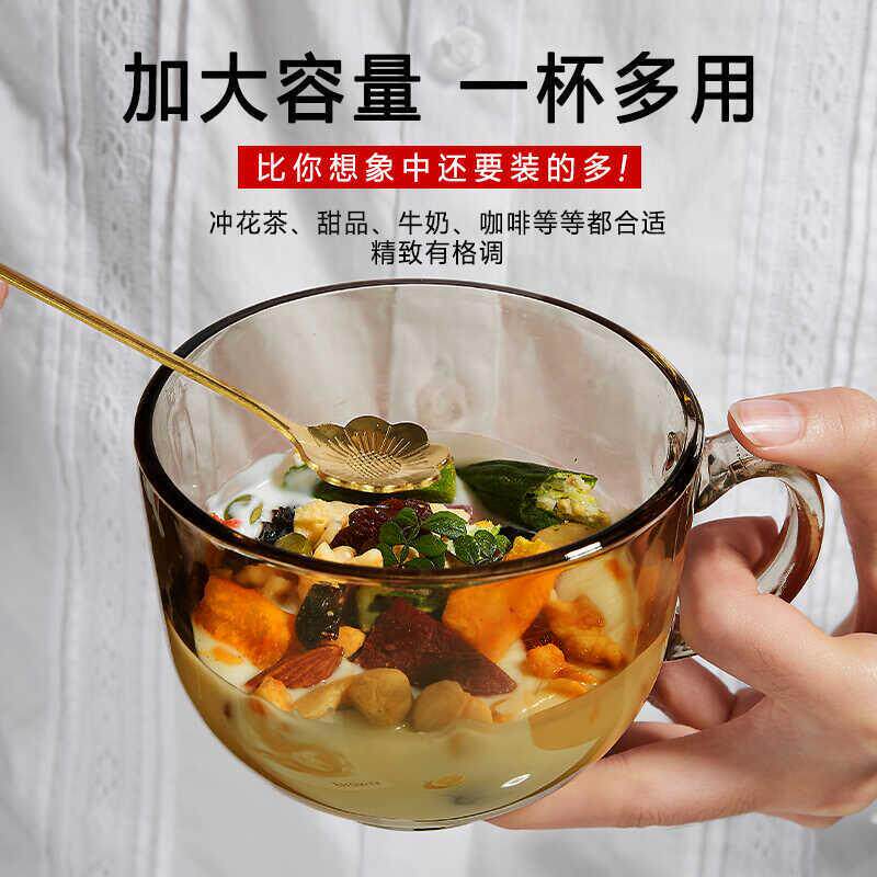 早餐杯大容量带盖勺玻璃杯水杯女家用耐高温茶色燕麦牛奶咖啡杯子